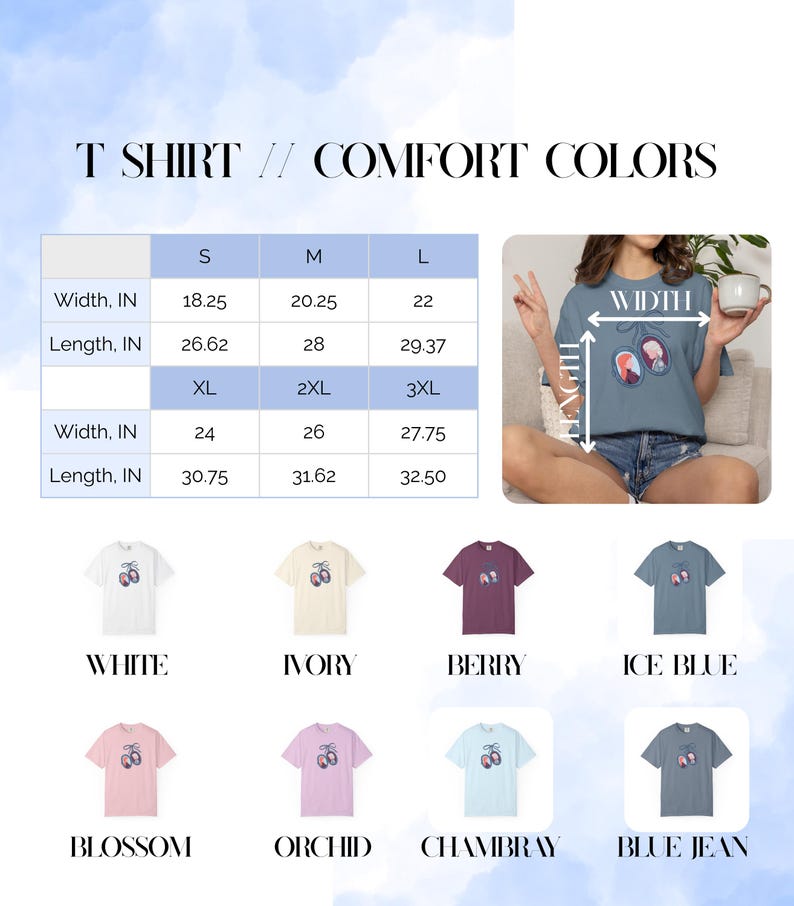 Op de afbeelding: Grafische T-shirts in diverse kleuren, waaronder wit, ivoor, bes, ijsblauw, bloesem, orchidee, chambray en spijkerbroekblauw, elk met een kersendesign. De afbeelding bevat ook een maattabel in inches.