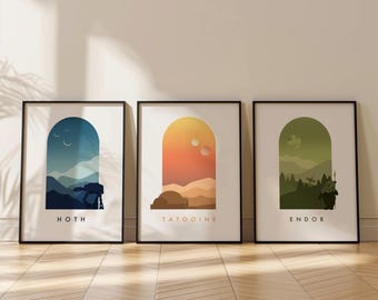 Digital Download Minimalist Star Wars original Trilogy Art Print. Simple and Modern Wall Art. Set of 3, Movie poster. Tatooine, Hoth, Endor.