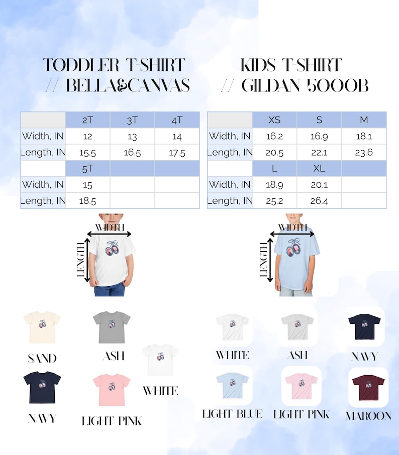 Op de afbeelding: Afbeelding van kindershirts in verschillende kleuren, waaronder wit, marineblauw en lichtroze. De shirts hebben een ontwerp van balletschoenen. Maattabellen voor peuters en kinderen met afmetingen in inches worden ook weergegeven.