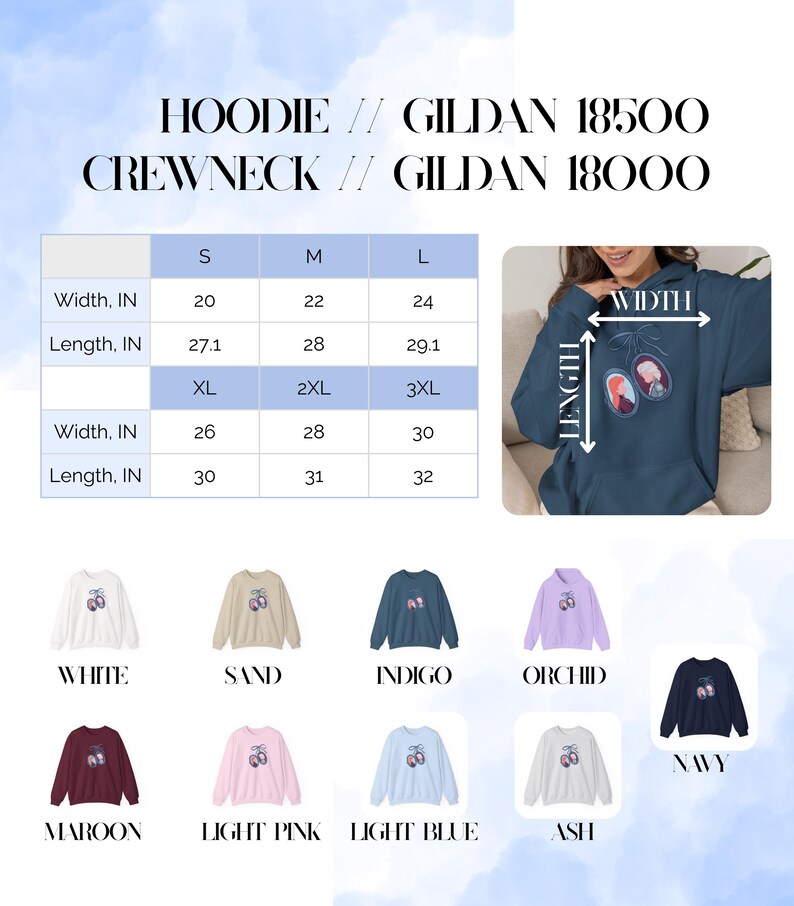 Op de afbeelding: Een marineblauwe hoodie met een grafisch ontwerp en maattabel. De hoodie is verkrijgbaar in verschillende kleuren, waaronder wit, zand, indigo, orchidee, bordeaux, lichtroze, lichtblauw, as en marine. De maattabel toont de afmetingen in cm.