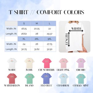 May include: White t-shirt with a floral design, displayed with a size chart showing width and length in inches. The chart includes sizes S to 3XL. Color options include white, ivory, and pink.