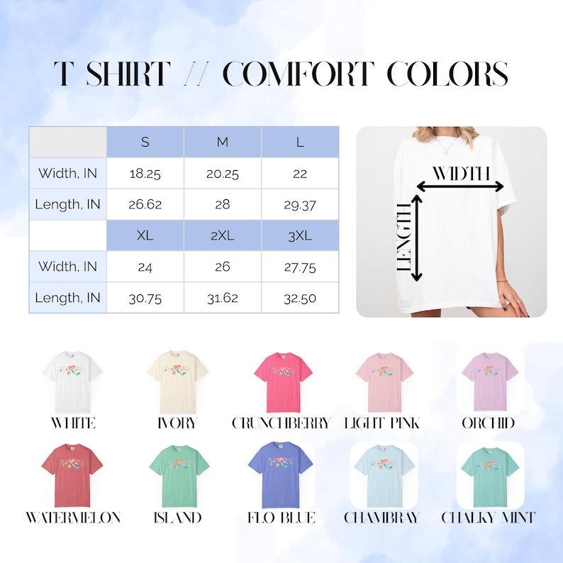 May include: White t-shirt with a floral design, displayed with a size chart showing width and length in inches. The chart includes sizes S to 3XL. Color options include white, ivory, and pink.