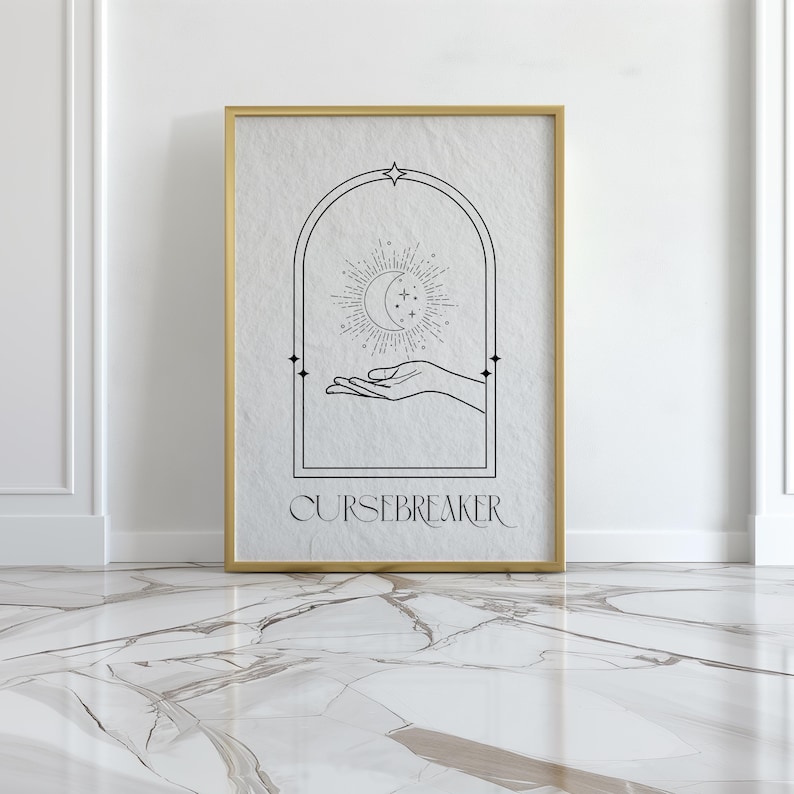 May include: A black and white illustration of a hand holding a crescent moon with stars inside an archway. The text "CURSEBREAKER" is below the image.