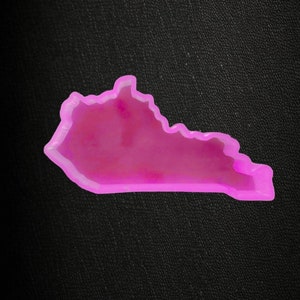 May include: A pink, translucent mold in the shape of the state of Kentucky. The mold has a raised border and is set against a dark background. The state outline is clearly defined.