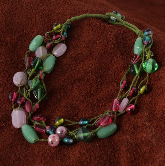 Vintage 4 Strand Glass Bead Choker Necklace Gem