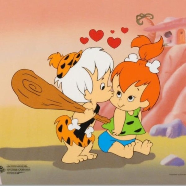 Pebbles and Bam Bam kissing on cheek original sericel with COA Flintstones background included Valentines Day Coming Soon