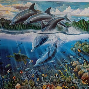 Pôster de Robert Lyn Nelson Vintage autografado à mão 1986 Dolphin Time For Unity com carta de autenticidade LOA oceano peixe vida marinha