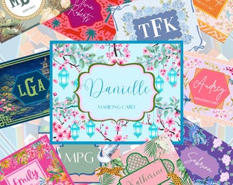 May include: A collection of rectangular Mahjong cards featuring various designs including floral patterns, animal prints, and personalized names or initials such as Danielle, Emily, Katherine, and Sarah Smith, displayed in a collage format.