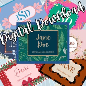May include: A collection of rectangular cards featuring various designs including floral patterns, leopard print, and holiday themes. Each card displays the text Jane Doe or JSD and 2025 Mahjong Card in different fonts and colors, presented as a digital download.