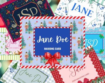 Pegatina de tarjeta de mahjong navideña personalizada: monograma de nombre personalizado: ¡9 diseños navideños!