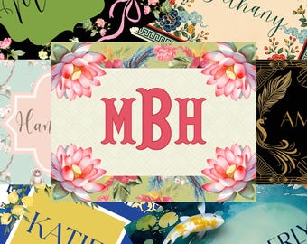 May include: A collage of rectangular personalized signs featuring various designs including the name Melissa, Bethany, Han, Katie, and Kimberly, alongside a central sign with the monogram MBH surrounded by pink lotus flowers.