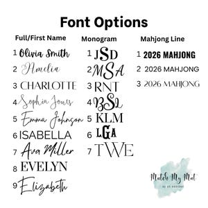 Puede incluir: Gr&aacute;fico de opciones de fuente con texto en negro. El texto incluye opciones para nombres completos, monogramas y l&iacute;neas de mahjong. Las opciones de nombre completo incluyen Olivia Smith, Amelia, Charlotte, Sophia Jones, Emma Johnson, Isabella, Ava Miller, Evelyn y Elizabeth.