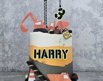 Construction digger tractor themed cake topper set