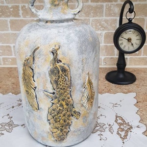 Upcycled demijohn bottle Peacock White, Grey, Yellow, Brown