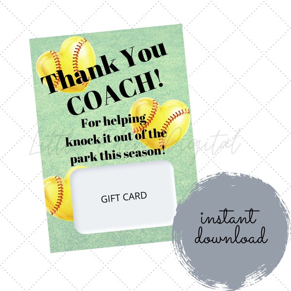Printable Softball Coach Thank you card, Instant Download, Cute card, end of season gift, team party, gift card holder, thank you gift