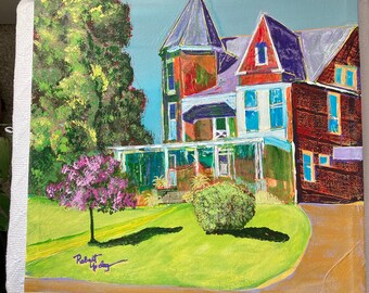 Original acrylic painting of stately home in Ravenswood, WV. "Virginia St. #1". Abstract architectural painting. 20x20. Acrylic on canvas