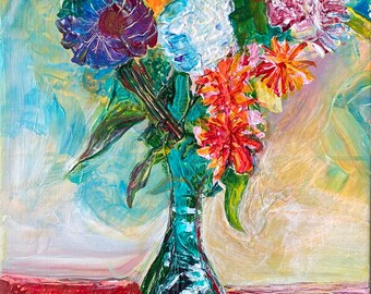 ACRYLIC FLORAL PAINTING "Matisse #6". Inspired by Matisse's 'Bouquet In a Vase' 1901. Acrylic on Canvas. Colorful Wall Hanging