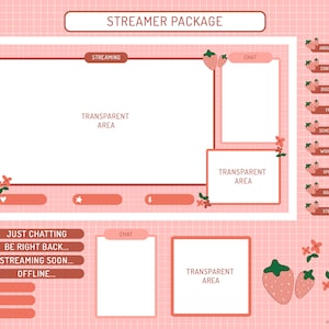 Stream Overlay Package for Twitch & Youtube, Strawberry Pink Cute Theme Overlay, Kawaii Pink Twitch Overlay