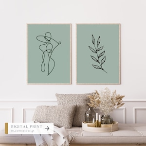 Set of Two Abstract Green Prints Modern Printable Wall Art 2 Piece Wall Art Minimalist Digital Print Green Wall Art Sage