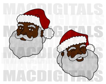 May include: Two digital illustrations of Santa Claus with a white beard and mustache. Both Santas are wearing a red hat with a white trim and a white fur collar. The Santa on the left has a serious expression, while the Santa on the right is smiling.