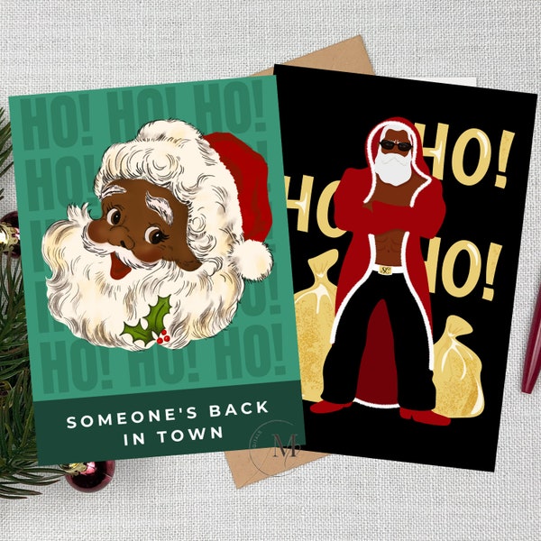 HO HO HO, Printable Cards, Christmas Cards, Greeting Cards, Black Santa, African American, Bundle, Set, Digital Download, Png, Pdf