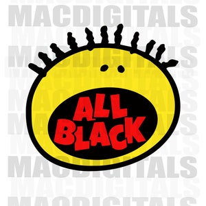 May include: A yellow circle with a black outline and a black and red mouth that says "ALL BLACK" inside. The circle has a spiky black hair-like design around the top.