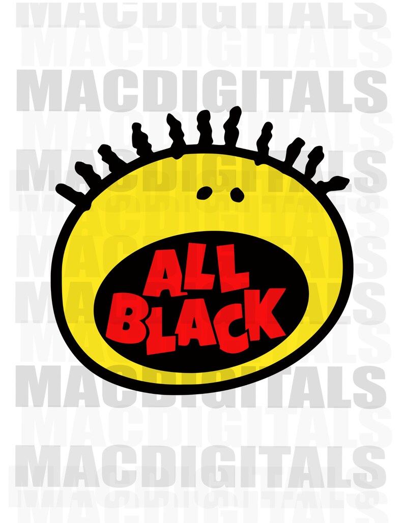 May include: A yellow circle with a black outline and a black and red mouth that says "ALL BLACK" inside. The circle has a spiky black hair-like design around the top.