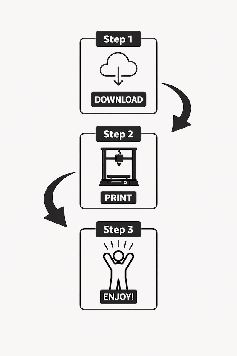 May include: A three-step process graphic with black and white icons. Step 1 shows a cloud with a downward arrow and the word "DOWNLOAD". Step 2 depicts a 3D printer with the word "PRINT". Step 3 shows a stick figure with the word "ENJOY!"