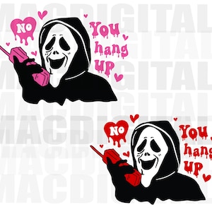 Könnte beinhalten: Eine Schwarzweißillustration eines Geistes, der eine schwarze Kapuzenrobe trägt und ein rosa Telefon hält. Der Geist hat ein breites Lächeln und sagt "Nein" in einer roten herzförmigen Sprechblase. Der Text "You hang up" ist in Rosa mit einem Tropfeffekt und einem rosa Herzen geschrieben.