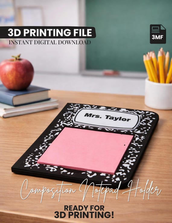 Composition Notebook Notepad Holder STL | Teacher Desk Decor 3D Print File | Personalized Name Plate Organizer | Commercial Use Included