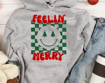 Feelin' Merry, Checkered Merry Christmas PNG, Retro Xmas Sublimation, Smile Holiday T-Shirt Design, Xmas Tree, Digital Download, Png Only