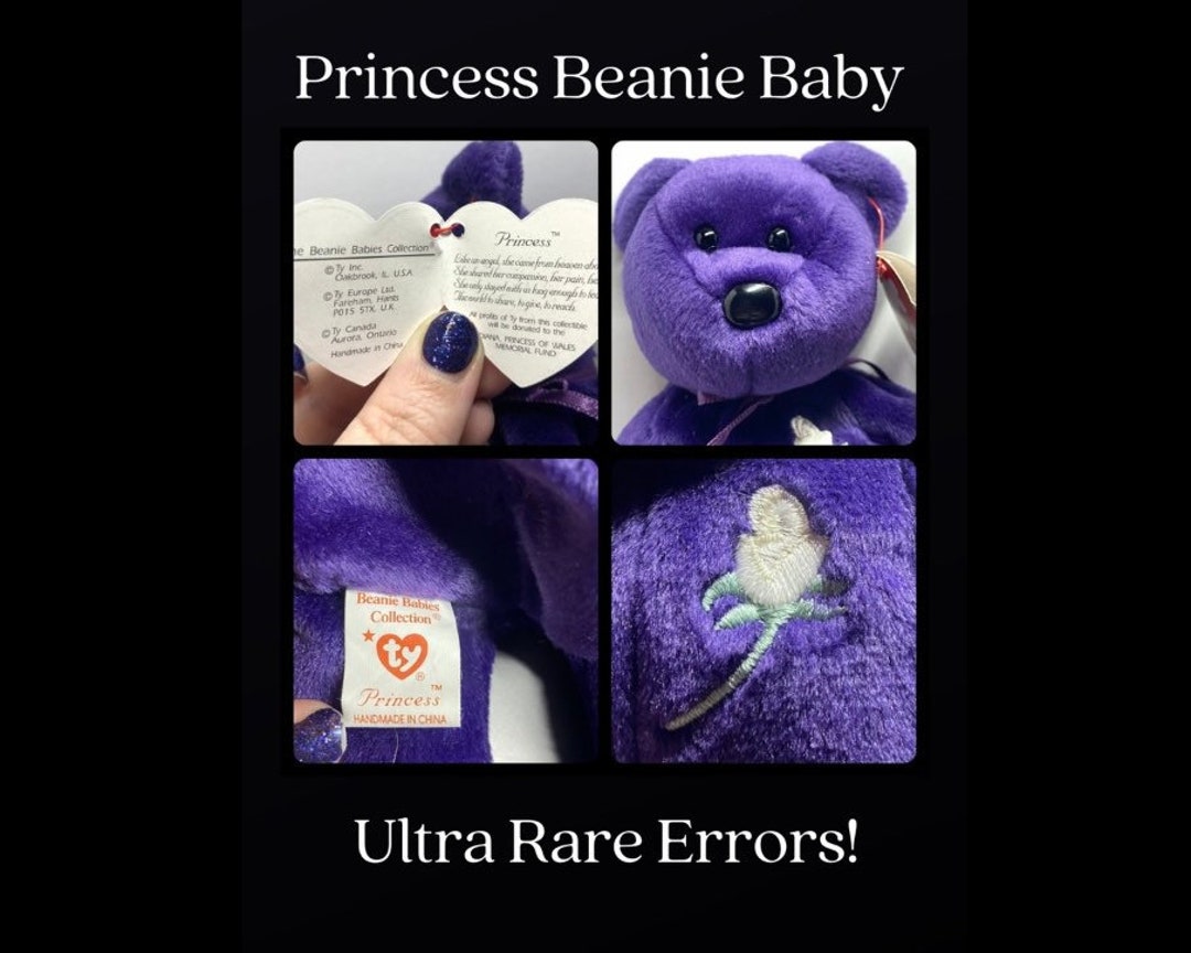 Rare Princess Beanie Baby, ERROR Crooked Nose, Retired Purple Princess