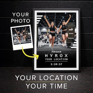 May include: A framed print featuring two women mid-air, celebrating a HYROX race finish. The print includes the text "FINISHER HYROX YOUR LOCATION 1:24:17". A smaller photo is attached, with the words "YOUR PHOTO" above it. The background is black.