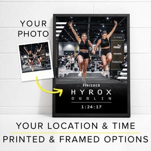 May include: A framed black and white photo featuring two women jumping in the air, arms raised. The photo includes the text "FINISHER HYROX DUBLIN 1:24:17". A smaller photo is attached to the frame with a yellow arrow.
