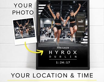 May include: A framed black and white photo showing two women mid-air, arms raised. The photo includes the text "FINISHER HYROX DUBLIN 1:24:17". A smaller photo is attached to the frame with a yellow arrow.