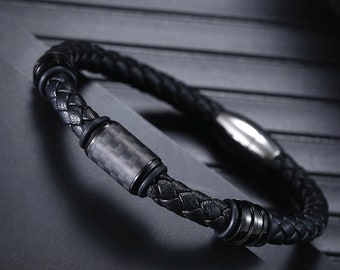 Men's Carbon Fiber Leather Bracelet with Hand Braided Cord Black Rope & Stainless Steel Clasp Customized Jewelry Gift for Him and Her