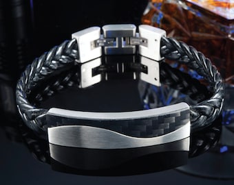 Men's Wave Carbon Fiber Leather Bracelet with Hand-Braided Cord Black Rope & Stainless Steel Clasp Customized Jewelry Gift for Him and Her