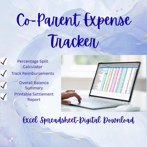 Peut inclure: Un ordinateur portable affichant une feuille de calcul Excel pour le suivi des dépenses de coparentalité. L'image comprend le texte "Co-Parent Expense Tracker" et des fonctionnalités pour calculer les répartitions, suivre les remboursements et générer des rapports. Le texte "Excel Spreadsheet-Digital Download" est également visible.