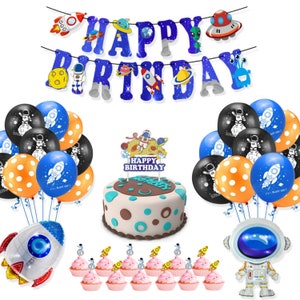 Birthday Party Decoration Set - Astronaut and Spaceship Balloons - Space Themed Balloons with Happy Birthday Banner