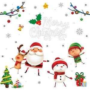 Christmas Decoration Window Sticker 27 x 19 in. Large Santa Claus, Snowman, Reindeer Vinyl Stickers, Xmas Decals for Holiday Window Art