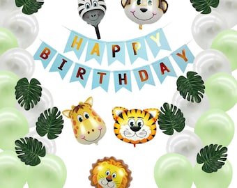 Decoratieset verjaardagsfeestje safaridieren: ballonnen en spandoek