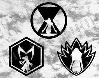 May include: Three black and white silhouette icons of female figures. The first icon is a circle with a black widow symbol and a female figure standing inside. The second icon is a hexagon with a female figure standing inside. The third icon is a flame-shaped symbol with a female figure standing inside.