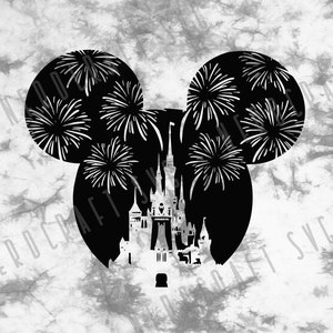May include: Black and white silhouette of Mickey Mouse ears with fireworks and Cinderella's Castle in the center.