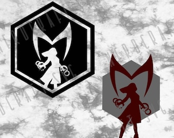 May include: Two versions of a superhero logo, one in black and white and one in red and gray. The logo features a stylized letter M with a woman's silhouette inside. The woman is wearing a cape and holding a pair of glowing orbs in her hands.