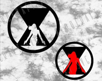 May include: Two black and white circular designs with a silhouette of a woman in the center. The woman in the left design is white and the woman in the right design is red.