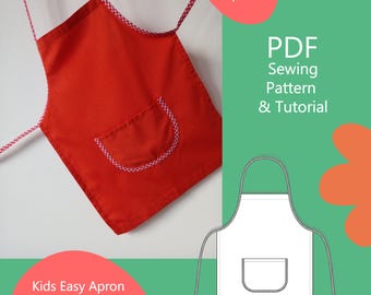 May include: A bright red child's apron with a pocket trimmed in a white and red gingham pattern. The apron has a matching gingham trim around the pocket and neck and waist ties. The image also includes a PDF sewing pattern and tutorial.