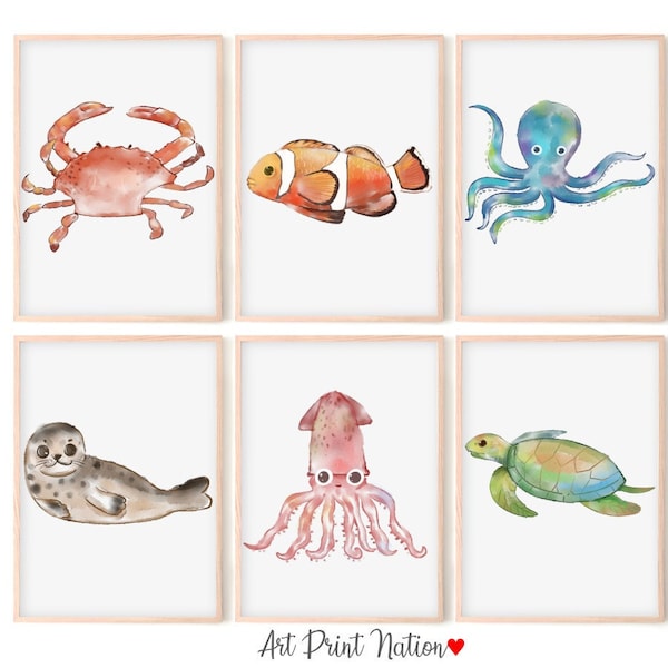 Simple artwork, Ocean nursery prints, turtle wall art, crab drawing, marine animals, squid, goldfish, octopus wall art, Ocean printable
