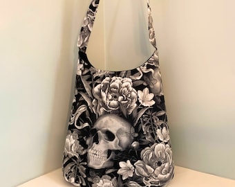 Skull and Flower Hobo Bag, One Handle, Zipper Option, Short or Adjustable Strap Crossbody - Bone to be Wild Black White Purse