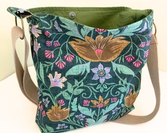 Earthy Boho Floral Slouchy Bag, Cross Body Cottagecore Handbag, Shoulder Bag Purse, Rustic Distressed Look Floral Bag