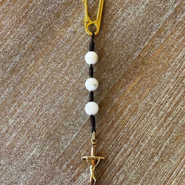 3 Hail Mary Novena Keychain with Natural Howlite Stone Beads, Papal Crucifix, and Gold Toned Steel Clip